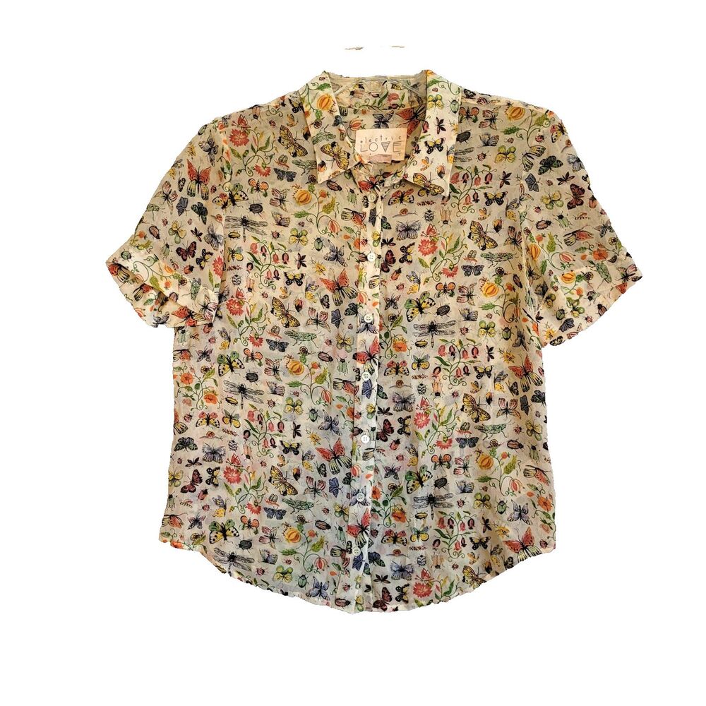 Sheer Silk Blouse White Butterflies Nature Whimsical Size Small Short Sleeve